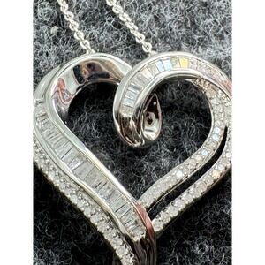 Sterling Silver 0.50ctw Baguette Round Diamond Heart Pendant Necklace